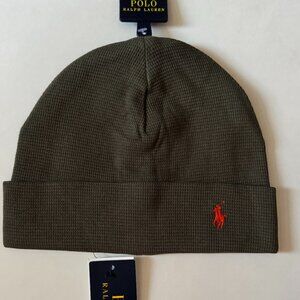 Mens Polo Ralph Lauren Pony Cuffed Thermal Waffle Knit Beanie Ski Hat Cap Olive